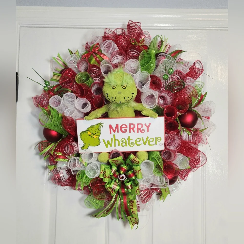 Festive GRINCH Holiday Christmas Wreath - Red, Green, White